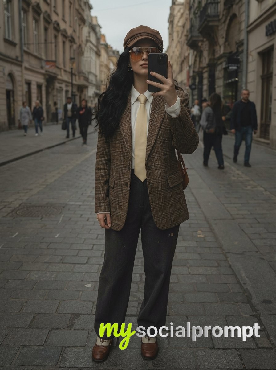 nanobanana prompt: Cinematic Mirror Selfie: Vintage Menswear on Cobblestone Street