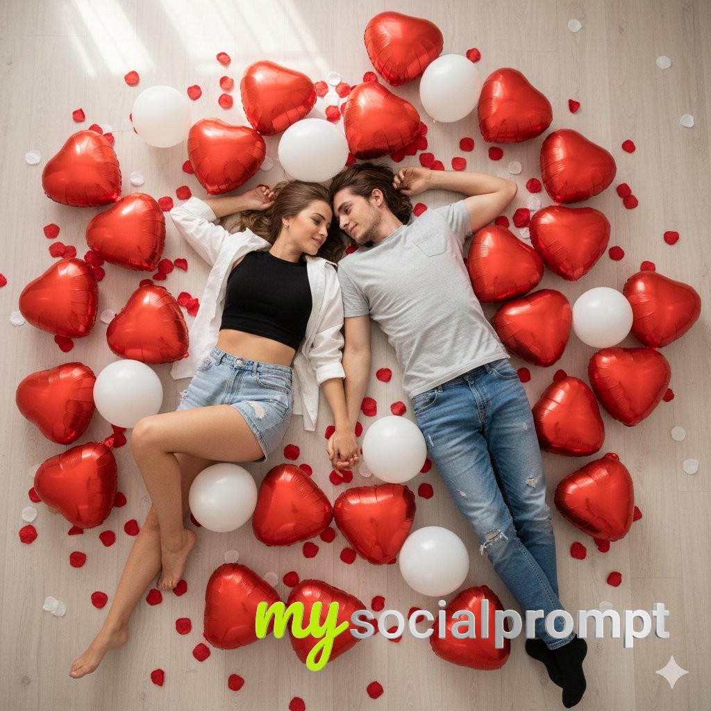 nanobanana prompt: Hyper-realistic Romantic Couple with Heart Balloons Overhead