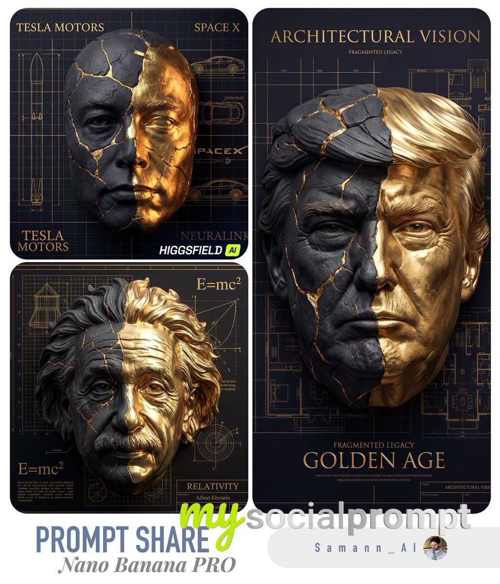 nanobanana prompt: Architectural Blueprint Portrait with Stone & Gold Kintsugi