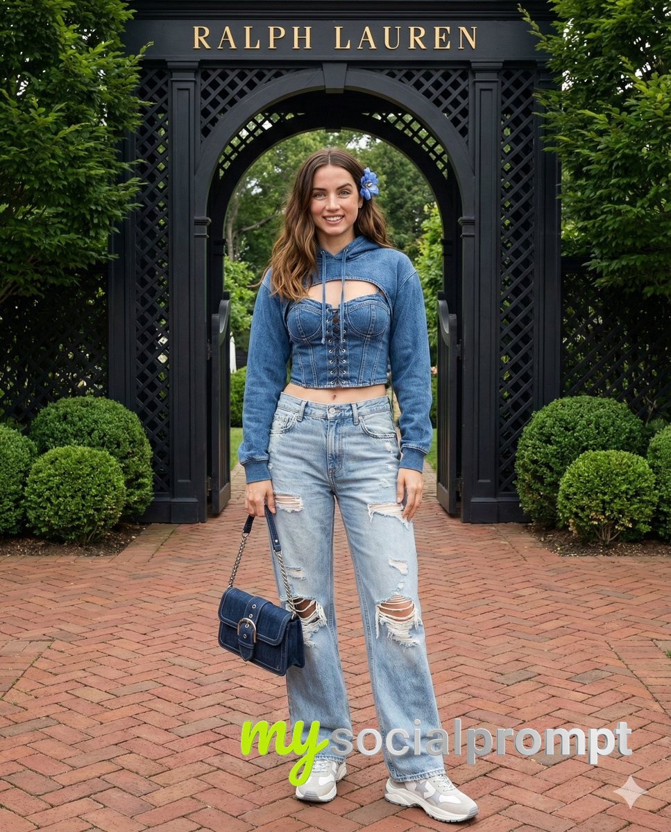 nanobanana prompt: Y2K Denim Fashion Portrait with Cinematic Garden Setting