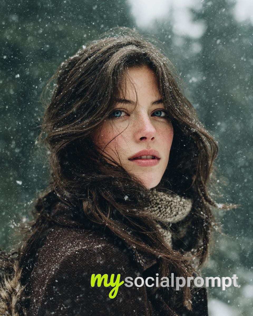 nanobanana prompt: Cinematic Winter Forest Portrait with Photorealistic Details