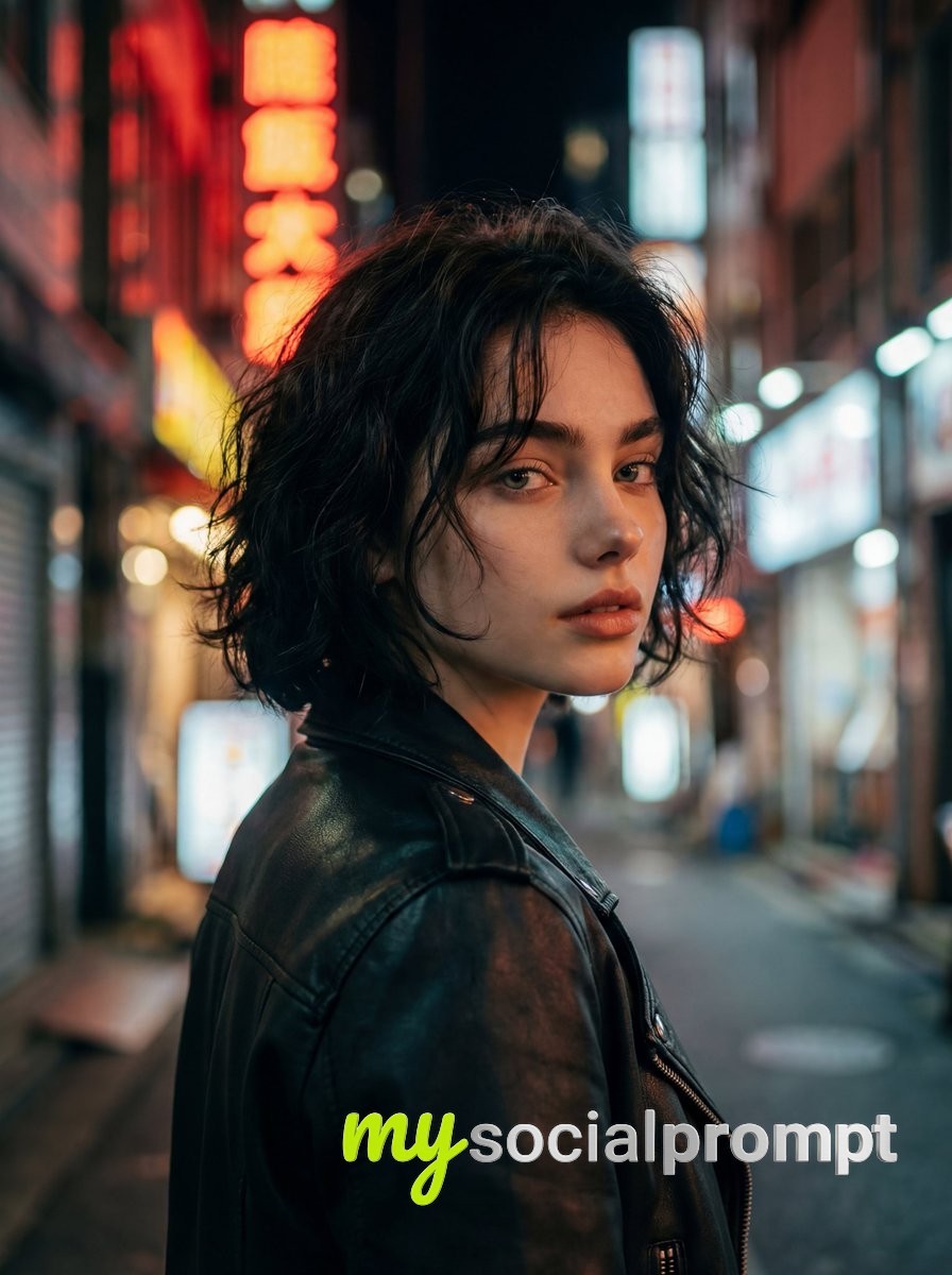 nanobanana prompt: Cinematic Night Street Portrait with Neon Bokeh & Moody Atmosphere
