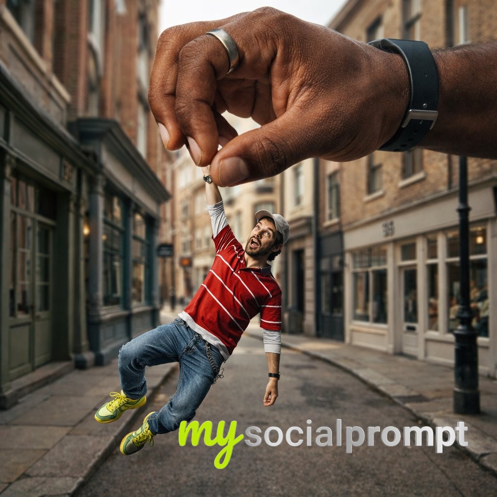 nanobanana prompt: Surreal Forced-Perspective Street Photography with Giant Hand Illusion 2
