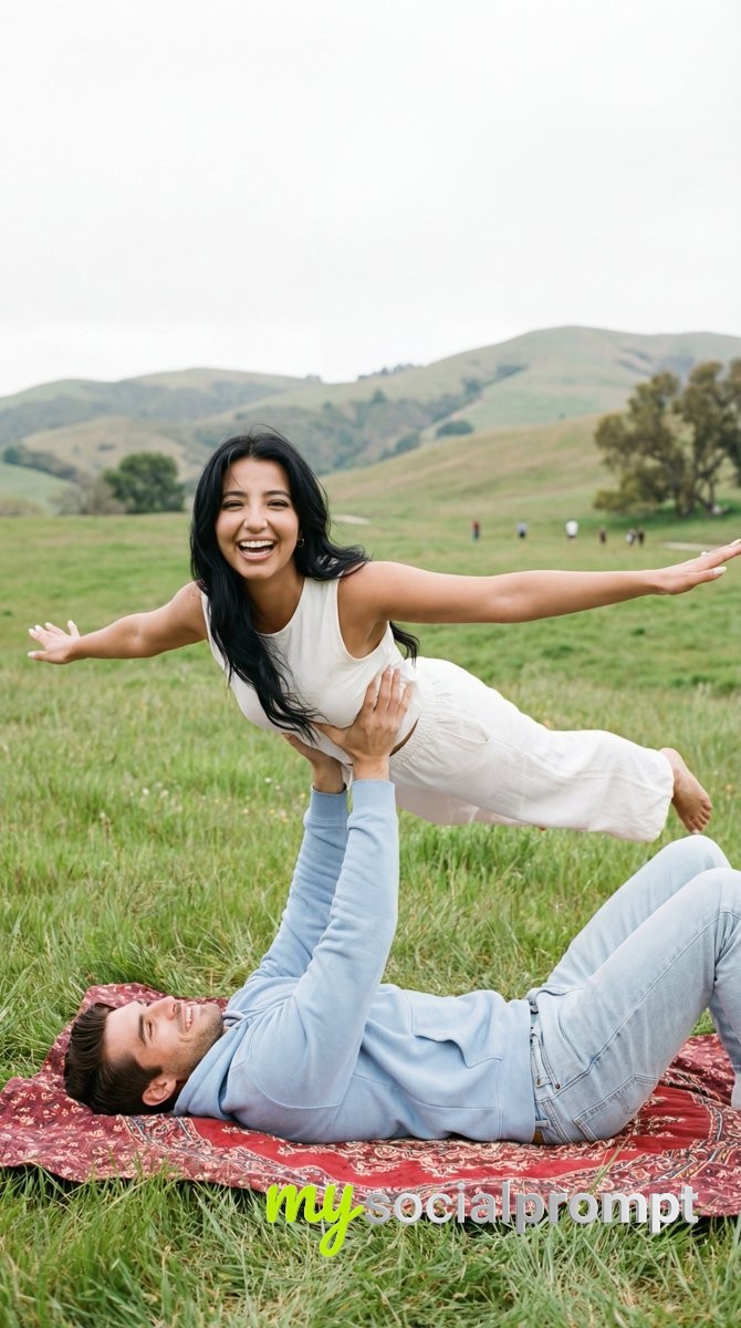 nanobanana prompt: Candid Acro-Yoga Couple Portrait in Meadow with Soft Daylight