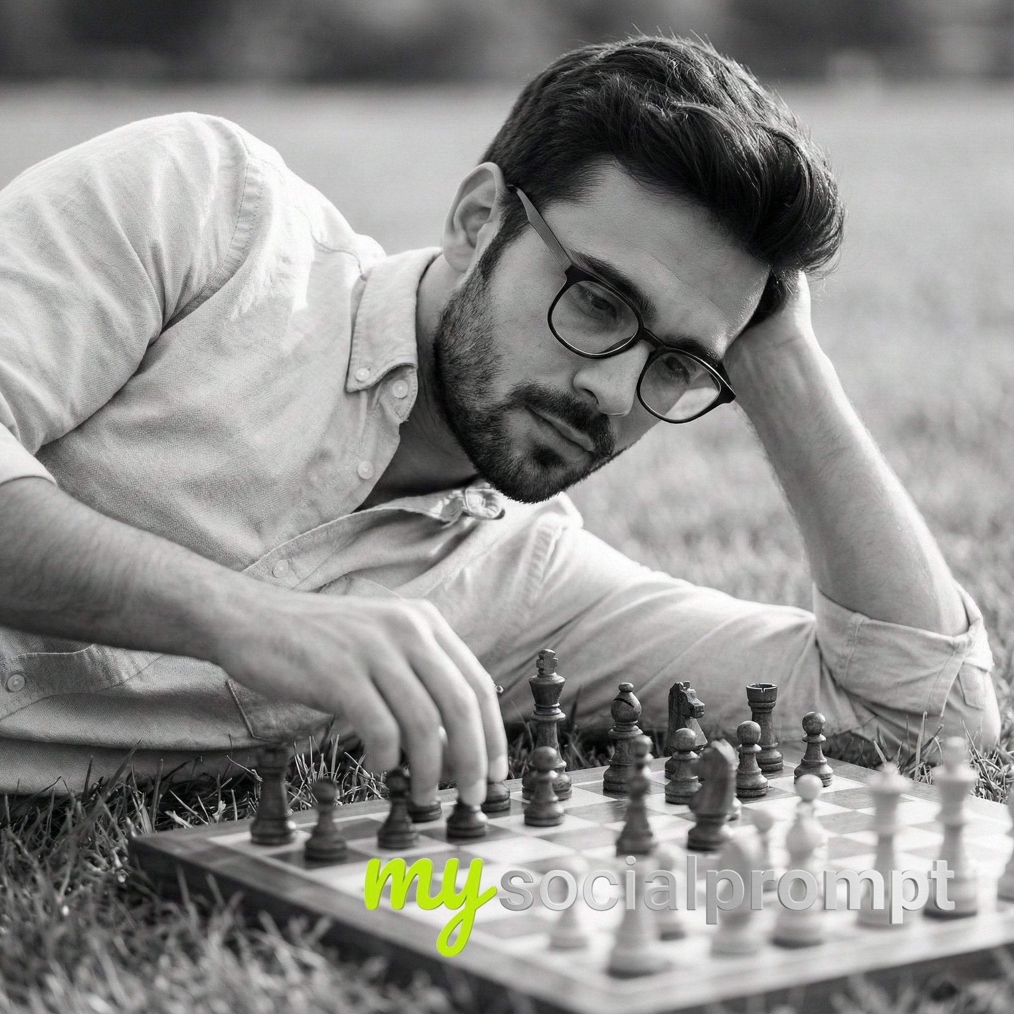 nanobanana prompt: Monochrome Chess Portrait – Contemplative Man Lying on Grass