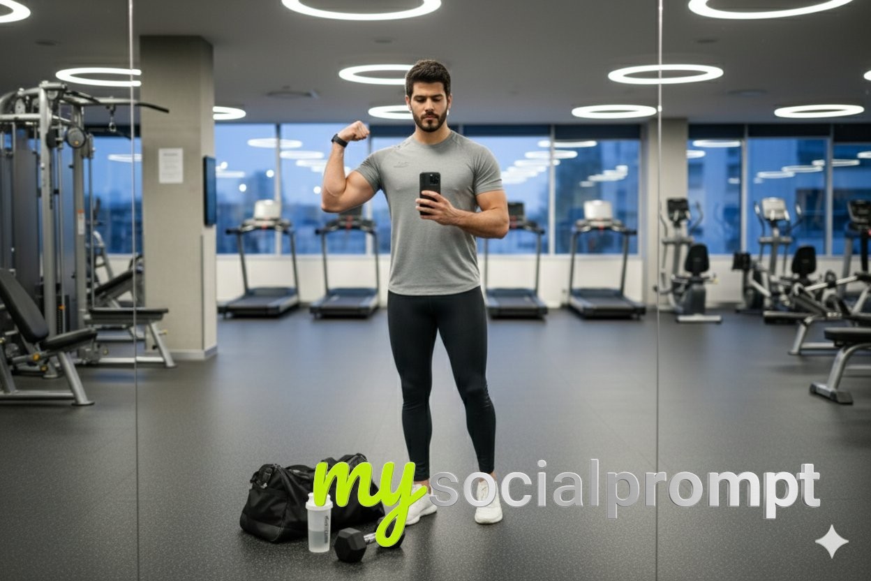 nanobanana prompt: Gym Mirror Selfie with Cinematic Lighting & Minimalist Composition 2