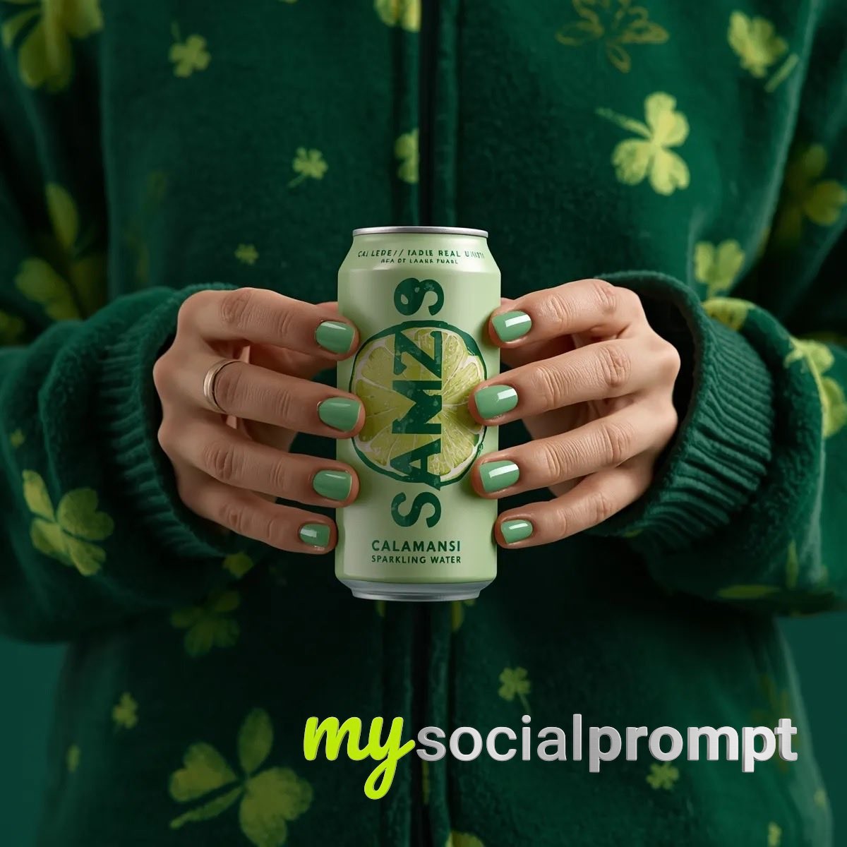 nanobanana prompt: Monochromatic Green Product Shot: Sanzo Calamansi Sparkling Water 4