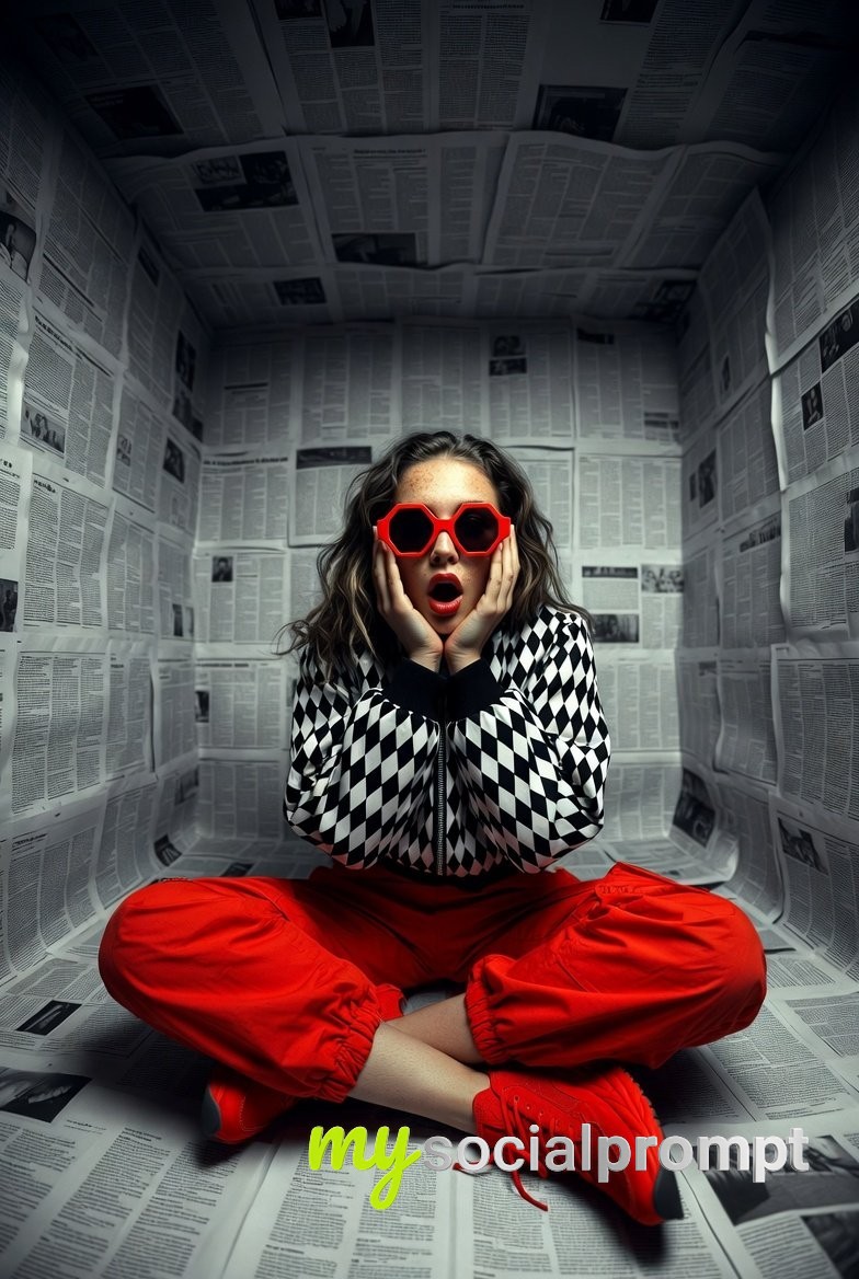 nanobanana prompt: Hyper-Realistic Editorial with Red Accents and Newspaper Room 4