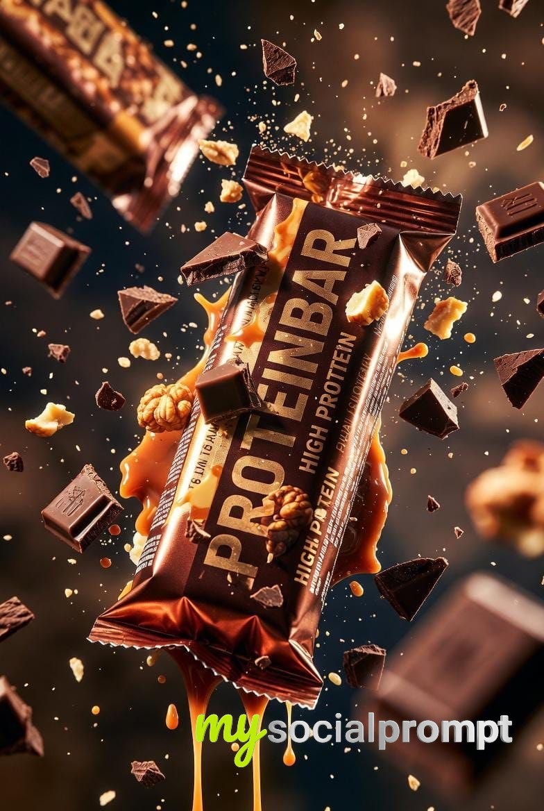 nanobanana prompt: Cinematic Protein Bar Photography with Explosive Texture Detail