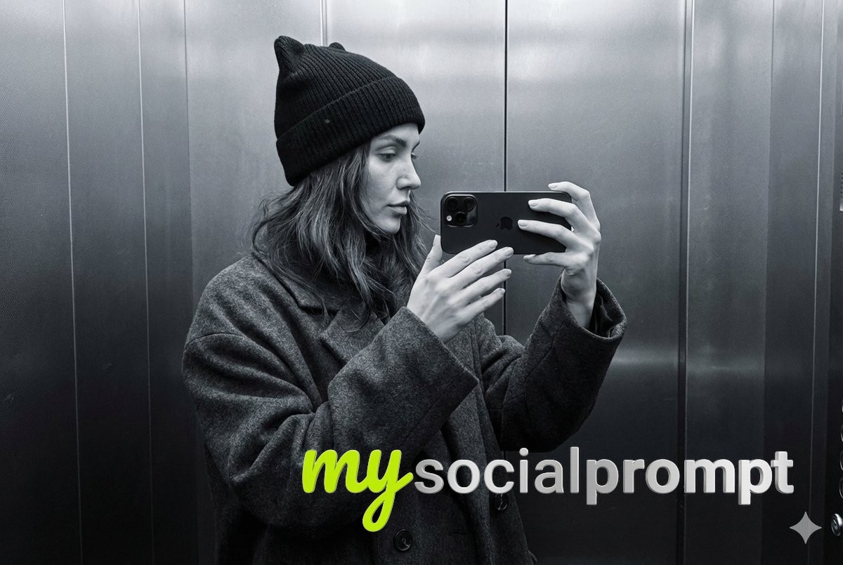 nanobanana prompt: Monochrome Self-Portrait with Cinematic Lighting in Elevator