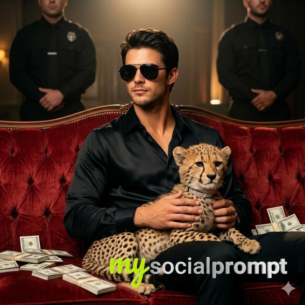 nanobanana prompt: Cinematic Portrait of Elegance: Man in Black Silk on Vintage Red Velvet Sofa