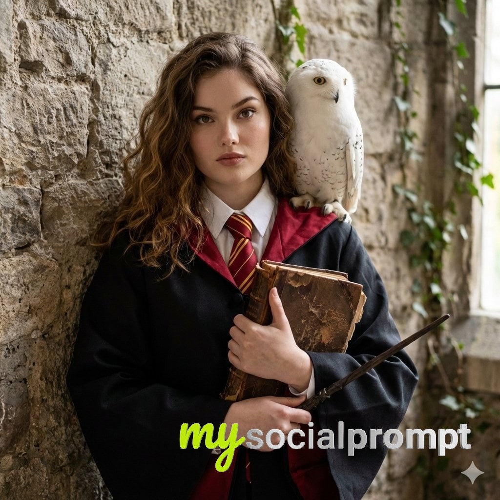 nanobanana prompt: Cinematic Gryffindor Portrait with Owl and Wand in Decayed Stone Interior