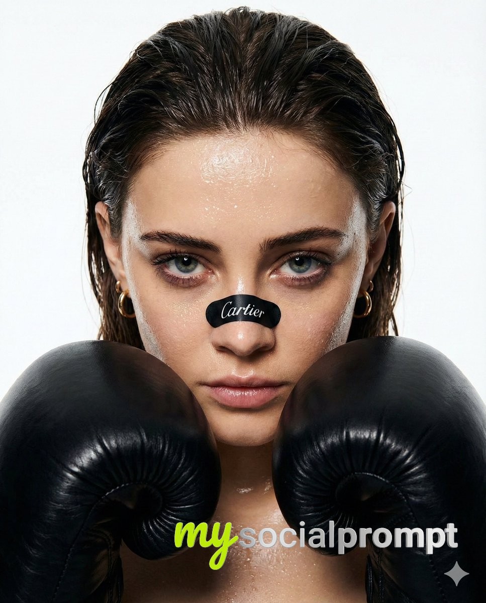 nanobanana prompt: Cinematic Close-Up of Female Boxer with Cartier Nose Sticker – High-Fashion Athletic Portrait