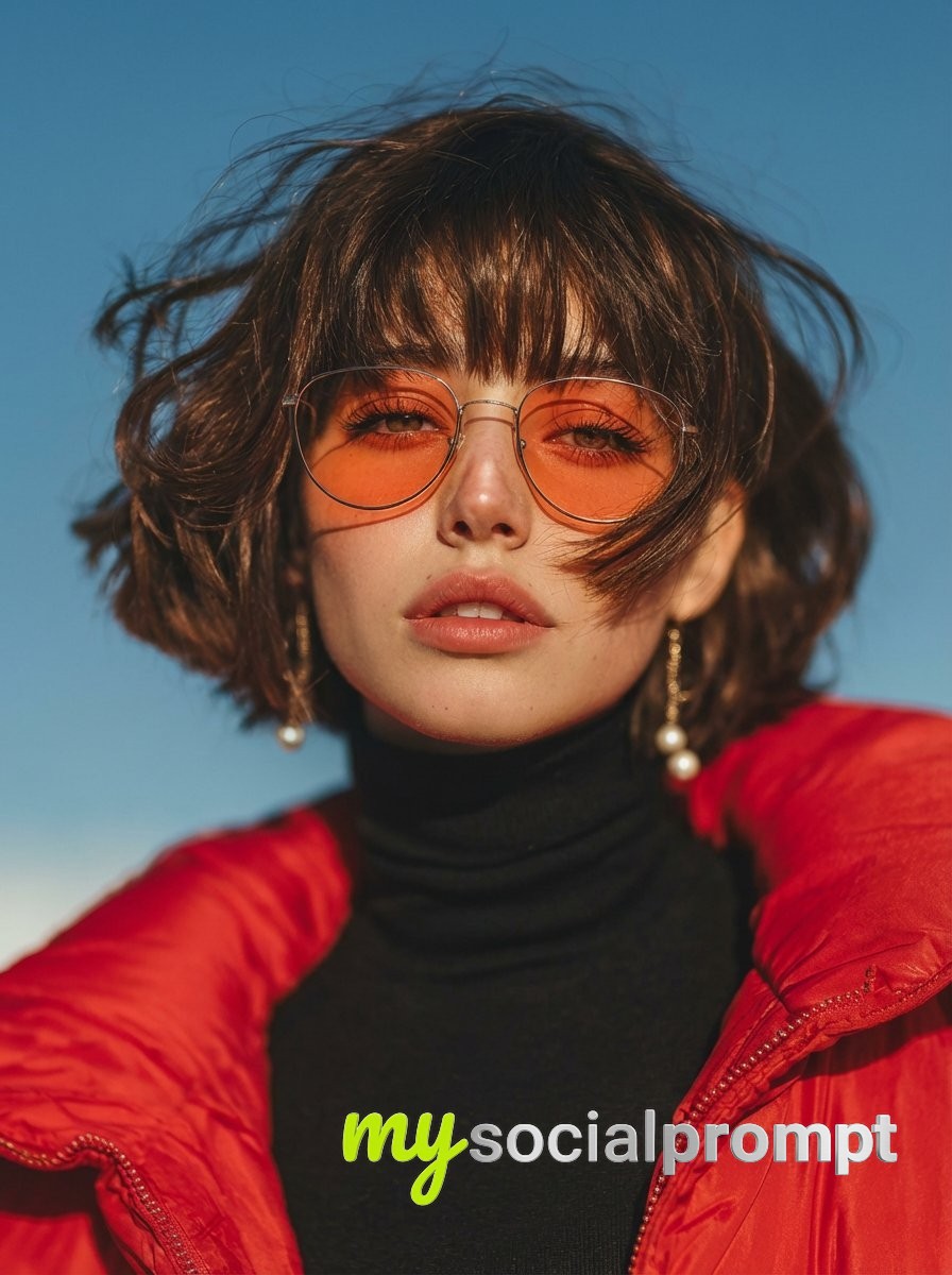 nanobanana prompt: Cinematic Golden Hour Fashion Portrait with Red Puffer Jacket