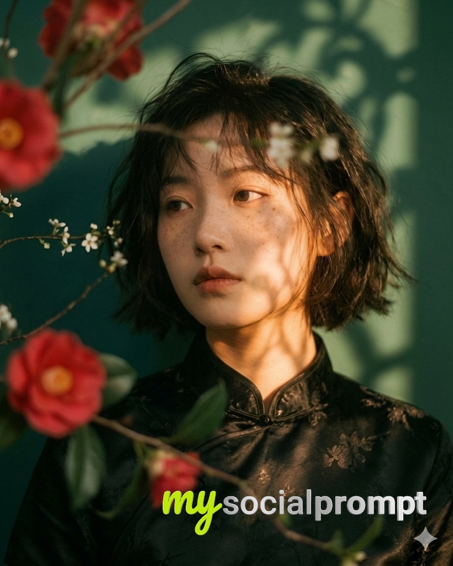 nanobanana prompt: Cinematic Portrait of Elegant Asian Woman in Cheongsam with Golden Hour Lighting 2