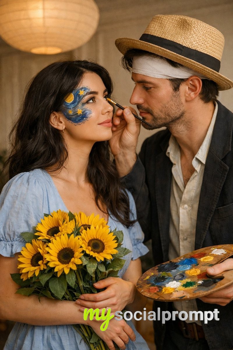 nanobanana prompt: Intimate Cinematic Couple Portrait with Starry Night Face Paint 2