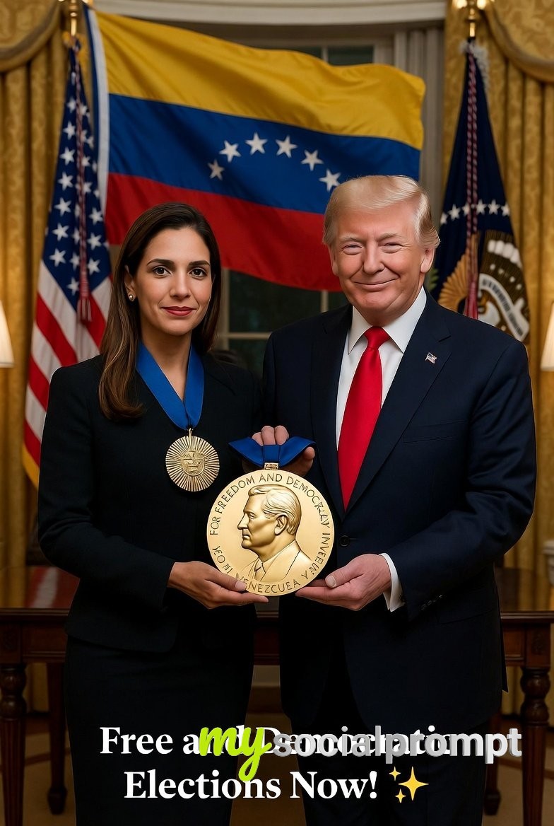 nanobanana prompt: Cinematic Photo-Realism: María Corina Machado Presents Nobel Medal to Donald Trump
