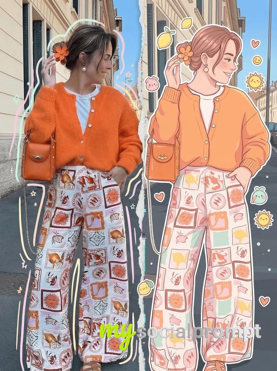 nanobanana prompt: Split-Style: Realistic vs. Chibi Illustration with Torn Paper Transition 2