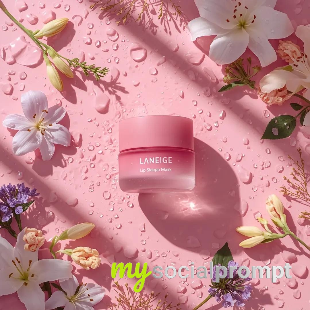 nanobanana prompt: Hyper-realistic Flat-Lay of LANEIGE Lip Mask with Pastel Florals