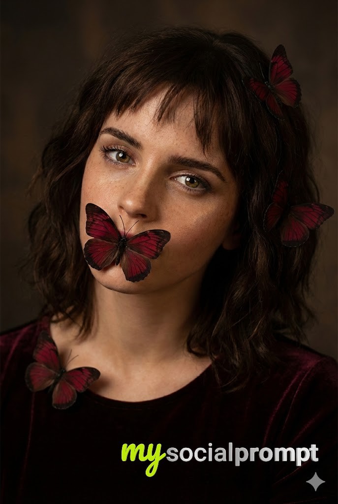 nanobanana prompt: Mysterious Velvet Portrait with Butterfly Veil 2