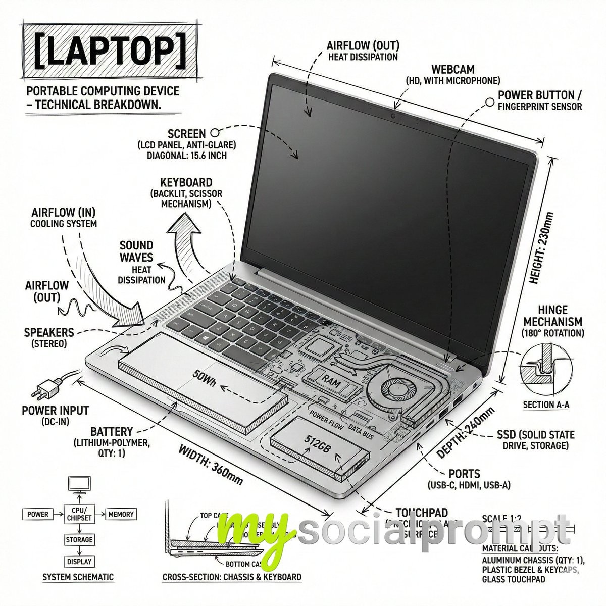 nanobanana prompt: Technical Infographic of Laptop with Architectural Sketch Overlays