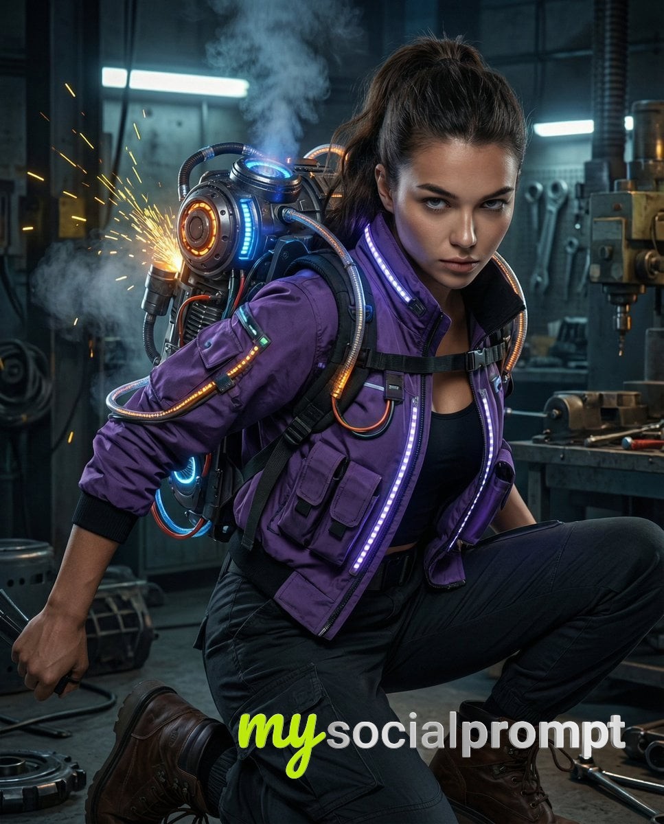 nanobanana prompt: Hyper-realistic cyberpunk mechanic portrait with massive industrial exosuit backpack in cinematic lighting. 2