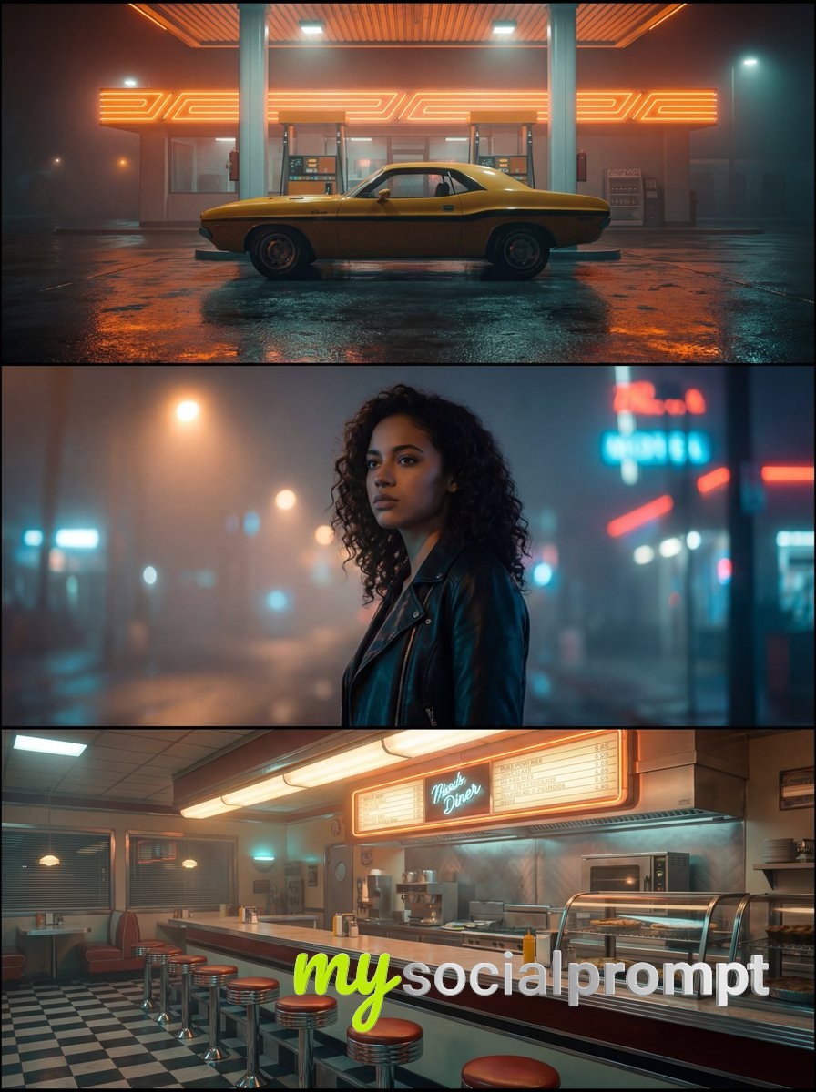 nanobanana prompt: Synthwave Triptych Montage with Cinematic Lighting & Neo-Noir Aesthetics