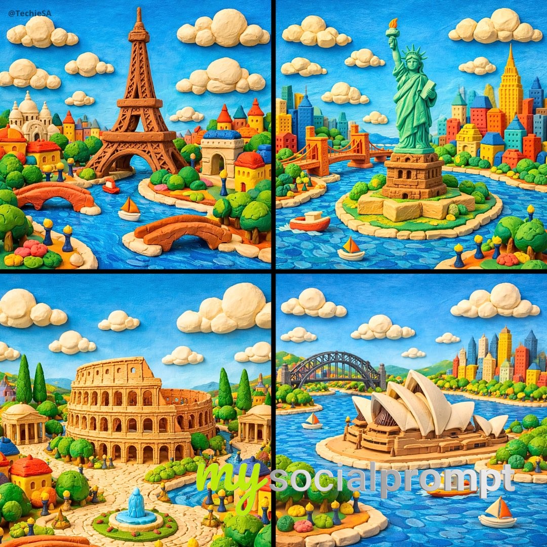 nanobanana prompt: Whimsical Clay Miniature of [LANDMARK NAME] with Hand-Sculpted Textures