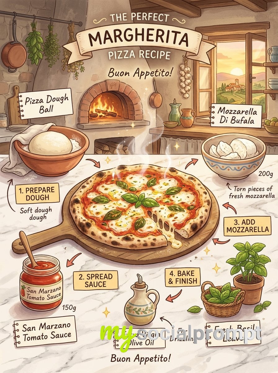 nanobanana prompt: Studio Ghibli Margherita Pizza Recipe Infographic – Warm Golden Sunset Kitchen Scene