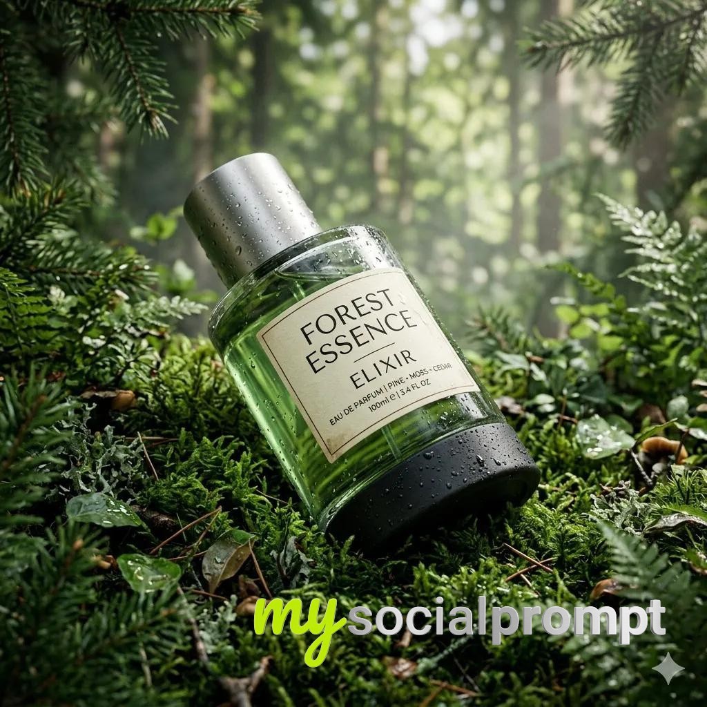 nanobanana prompt: Hyper-Realistic Fragrance Product Shot – Forest Essence Elixir in Macro Cinematic Lighting 2
