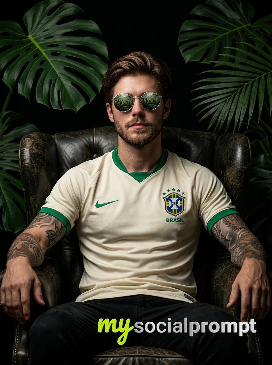 nanobanana prompt: Cinematic Portrait of a Confident Football Player in Dark Tropical Setting