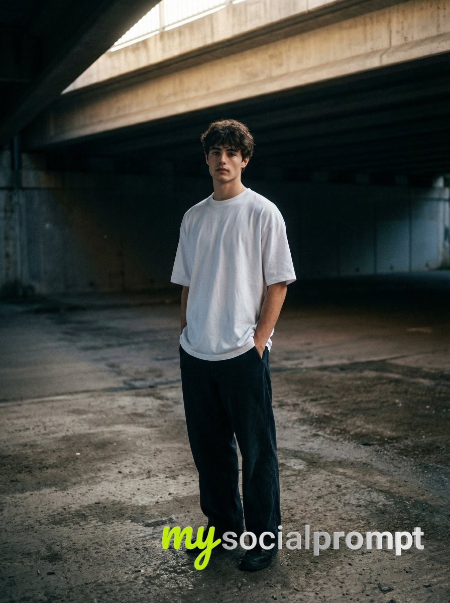 nanobanana prompt: Urban Portrait with Cinematic Lighting & Concrete Textures