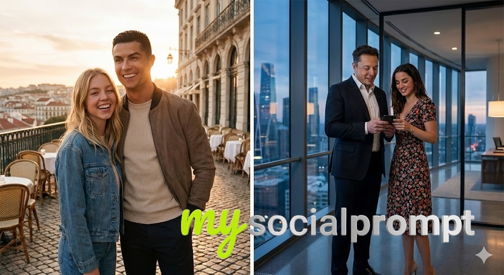 nanobanana prompt: Sydney Sweeney & Cristiano Ronaldo Lookalike Collage with Elon Musk & Ana de Armas
