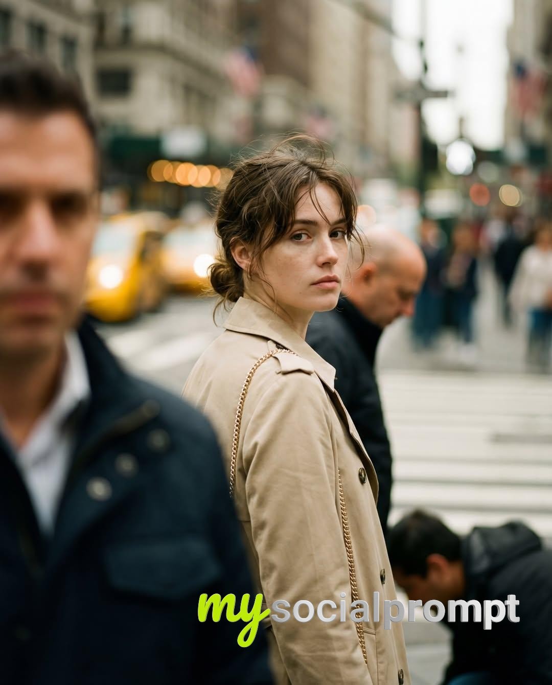 nanobanana prompt: Cinematic Street Portrait: Young Woman at Crosswalk with Documentary Realism