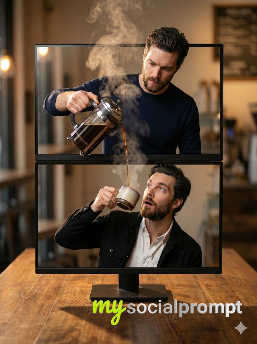 nanobanana prompt: Hyper-realistic 8K Cinematic Scene with Dual Monitors and Coffee Steam