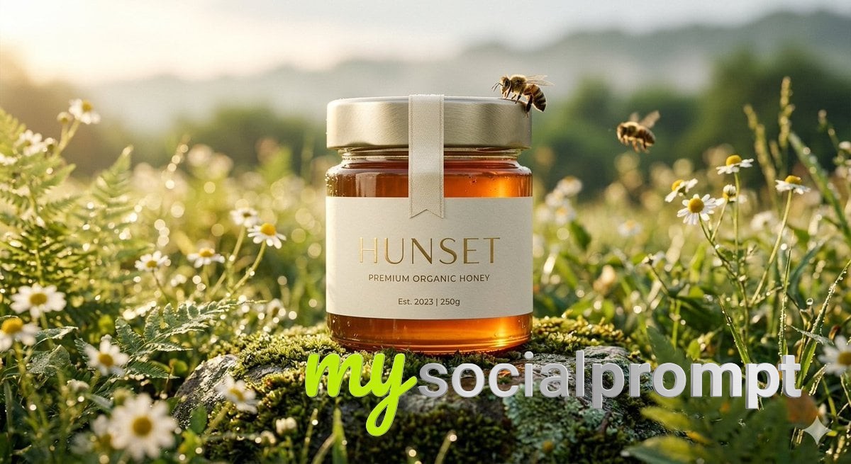 nanobanana prompt: Cinematic Macro Product Shot of Premium Honey Jar in Wild Wheat Field 2
