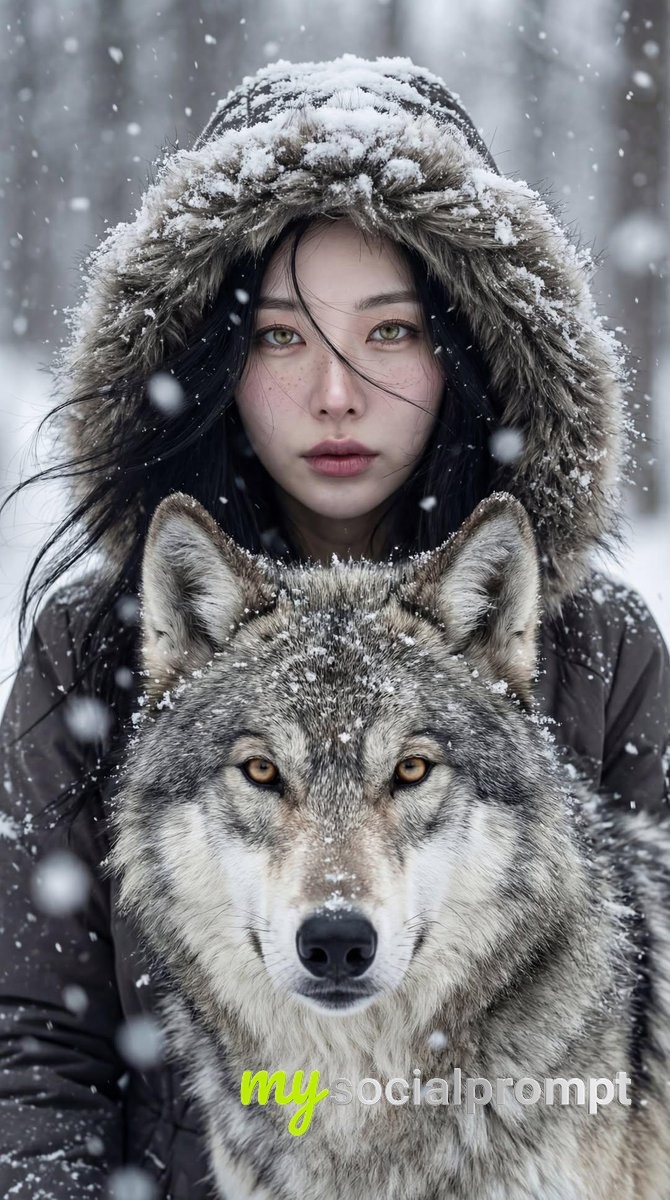 nanobanana prompt: Cinematic Winter Portrait of Woman & Wolf Bond