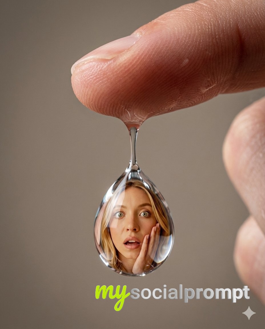 nanobanana prompt: Ultra-Realistic Macro Portrait: Water Droplet with Shocked Figure