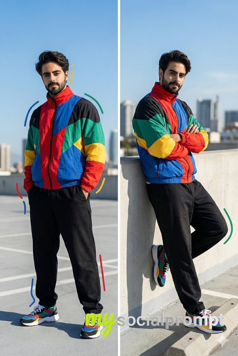 nanobanana prompt: Urban Fashion Portrait with Geometric Color-Blocking & Cinematic Lighting