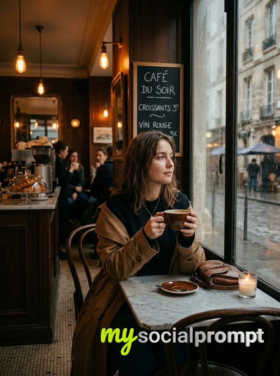 nanobanana prompt: Moody Parisian Café Portrait with Cinematic Lighting and Rainy Atmosphere
