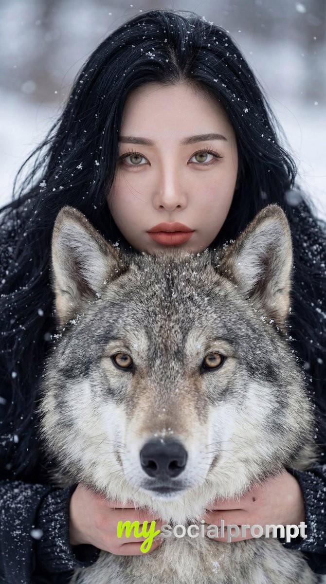 nanobanana prompt: Cinematic Winter Portrait of Woman & Wolf Bond 2