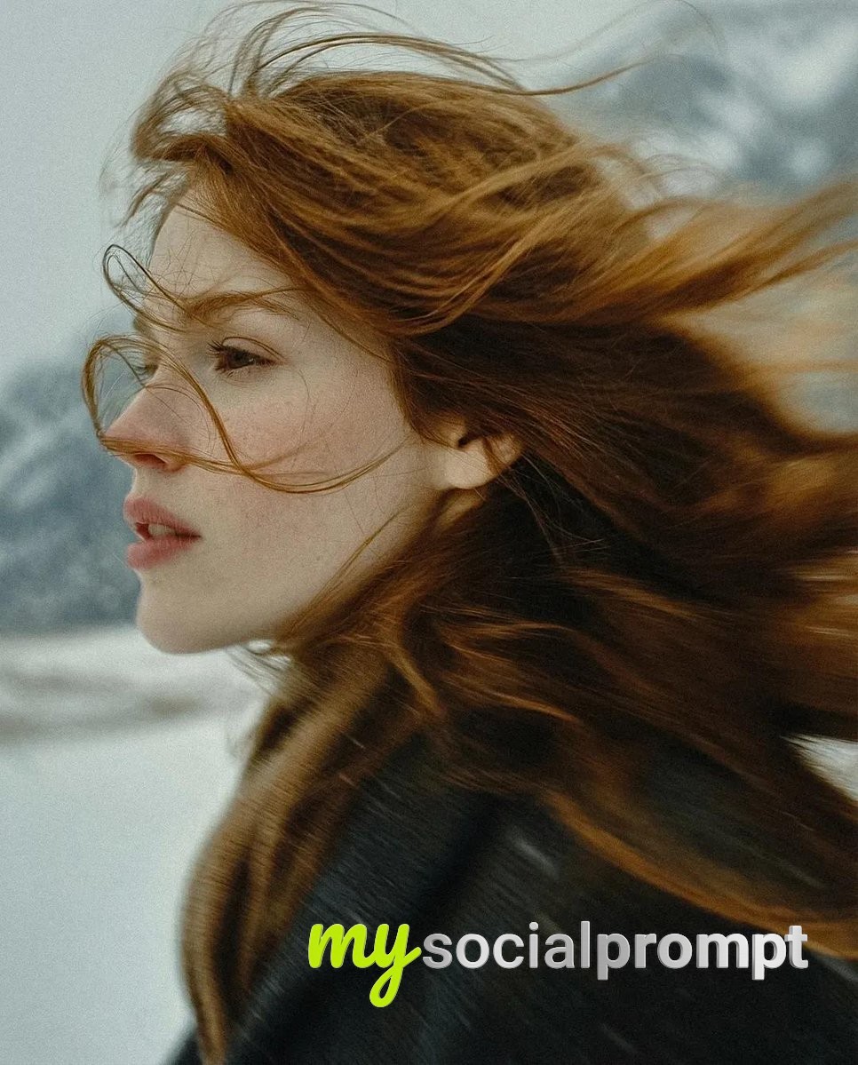 nanobanana prompt: Cinematic winter portrait, melancholic woman in snowy landscape, editorial photography 3