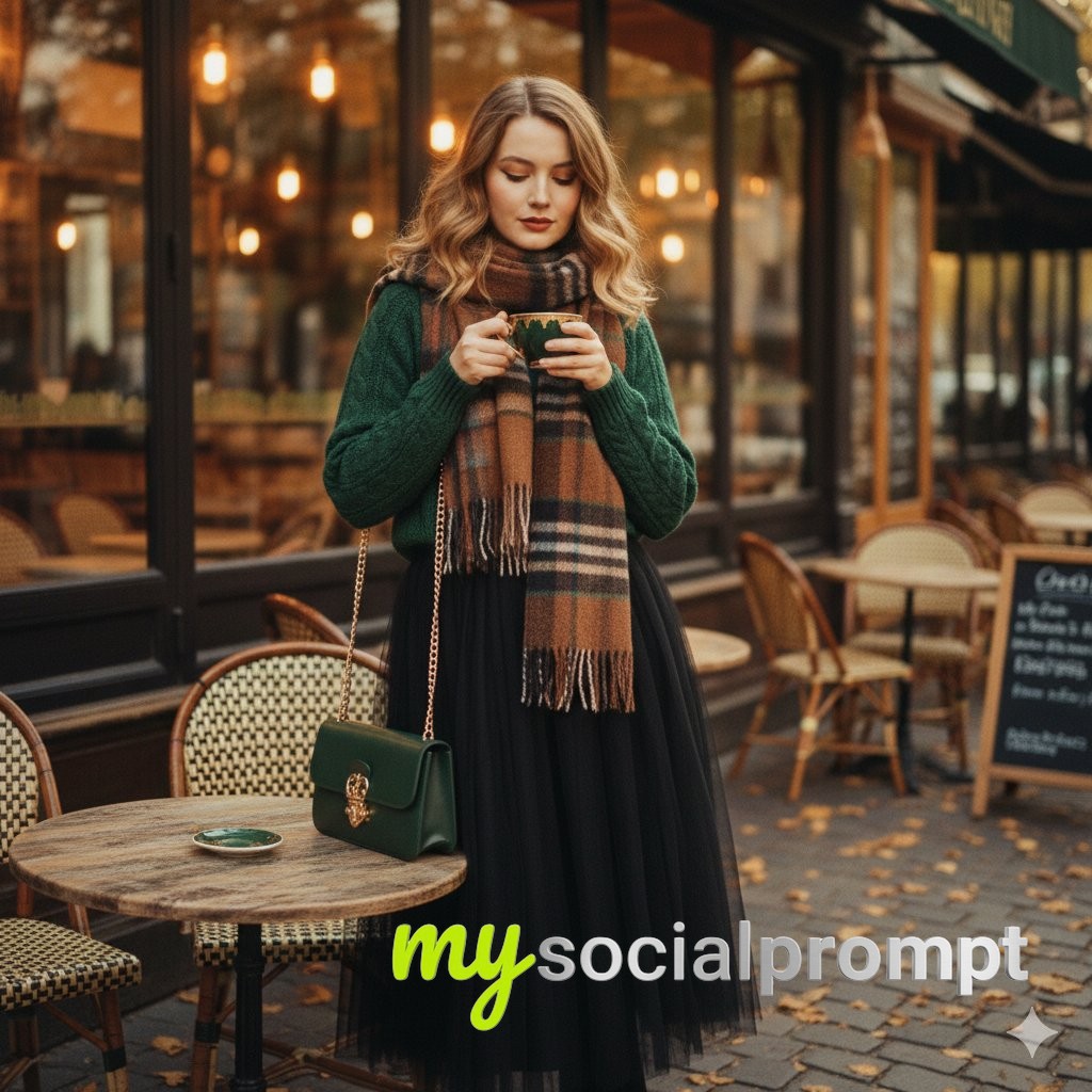 nanobanana prompt: 1970s Cinematic Fashion Portrait with Autumn Café Setting