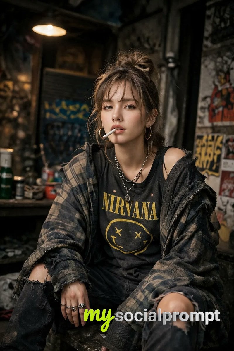 nanobanana prompt: Cinematic Grunge Portrait: Defiant Woman in Urban Clutter