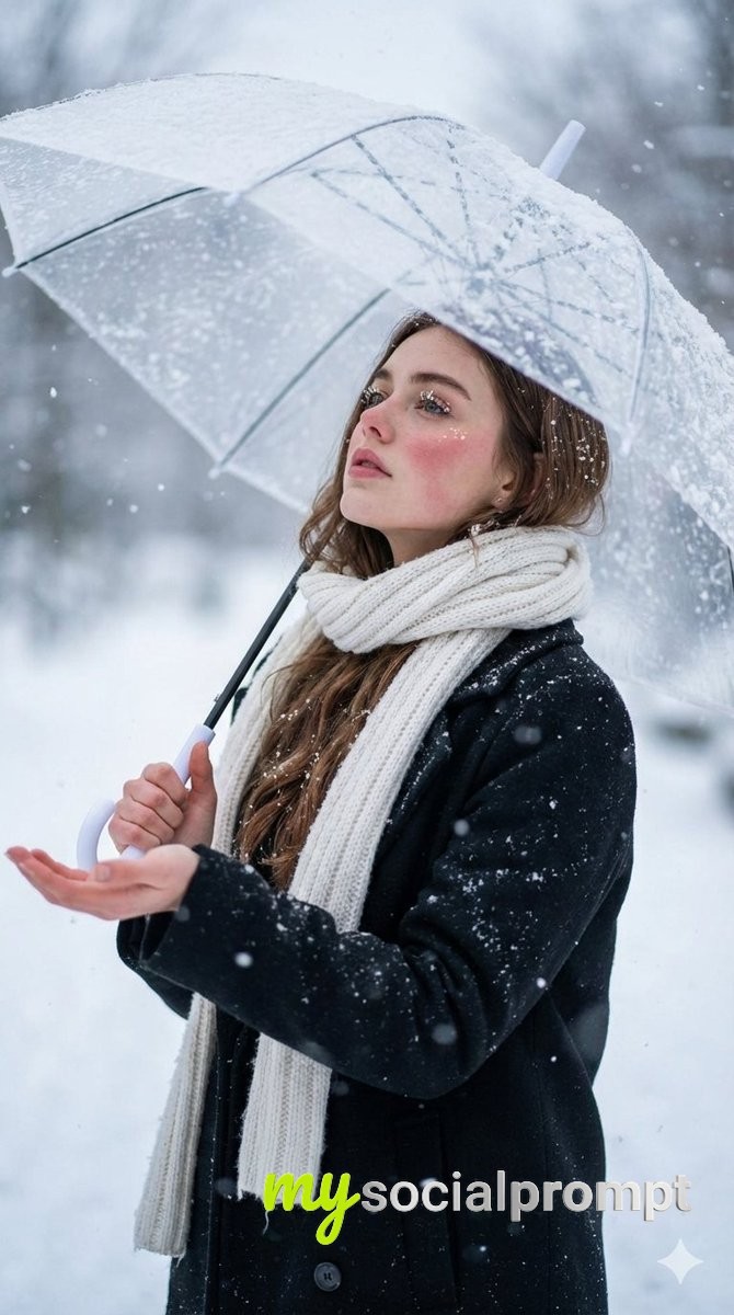nanobanana prompt: Cinematic Winter Portrait with Snowfall & Emotional Atmosphere