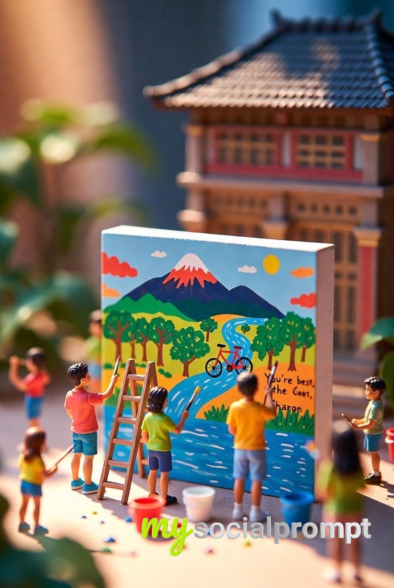 nanobanana prompt: Miniature Diorama of Youth Painting Environmental Mural in Bandung 3