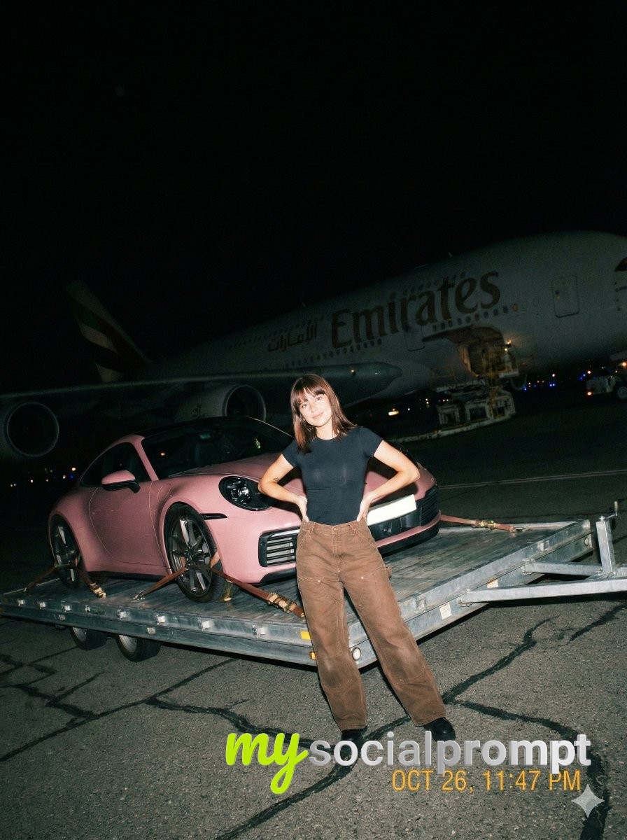 nanobanana prompt: Gritty iPhone Flash Photography with Porsche & Fashion Contrast