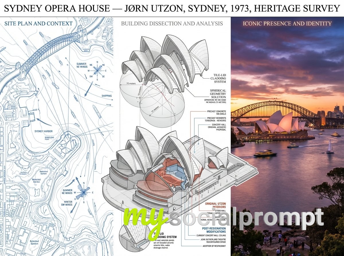 nanobanana prompt: Architectural Survey Board with Technical Axonometric and Golden-Hour Photography