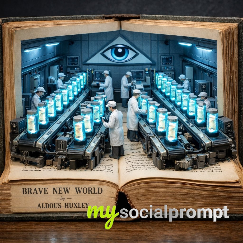 nanobanana prompt: Surreal Diorama from 'Brave New World': Huxley's Hatchery in Miniature