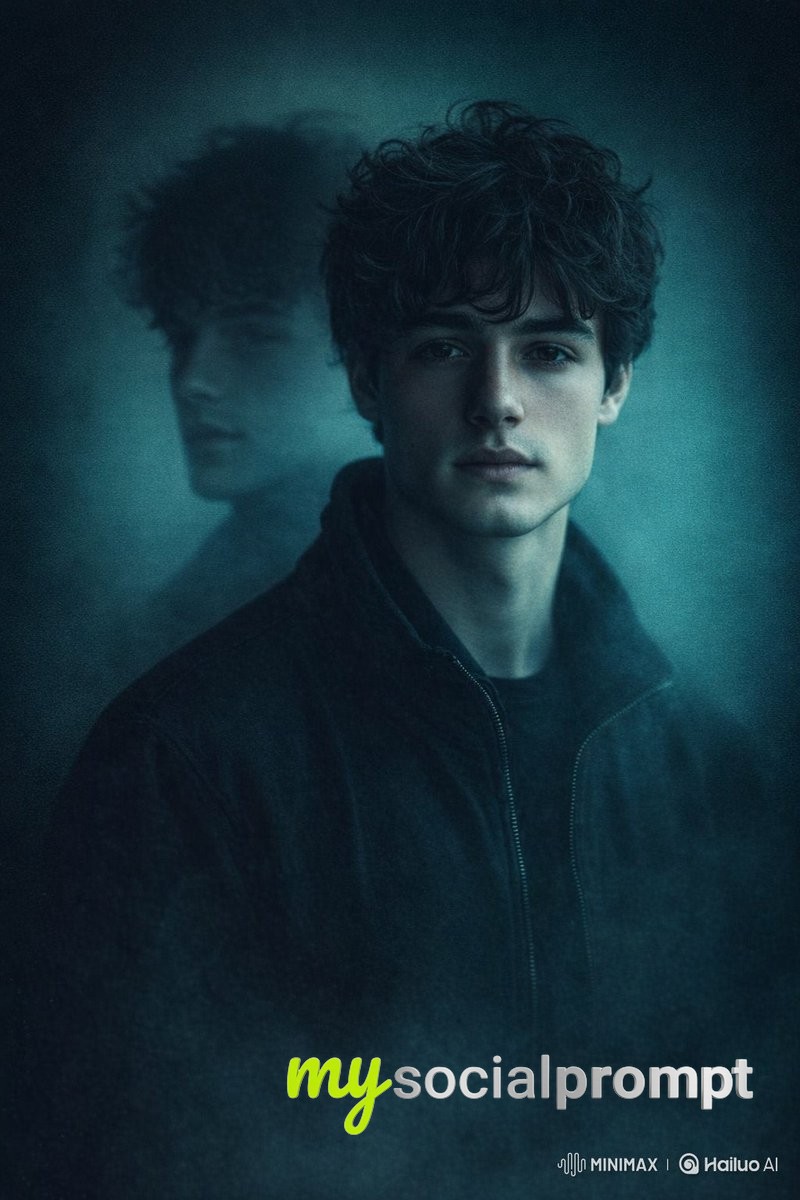 nanobanana prompt: Moody Cinematic Portrait with Double Exposure & Teal Lighting